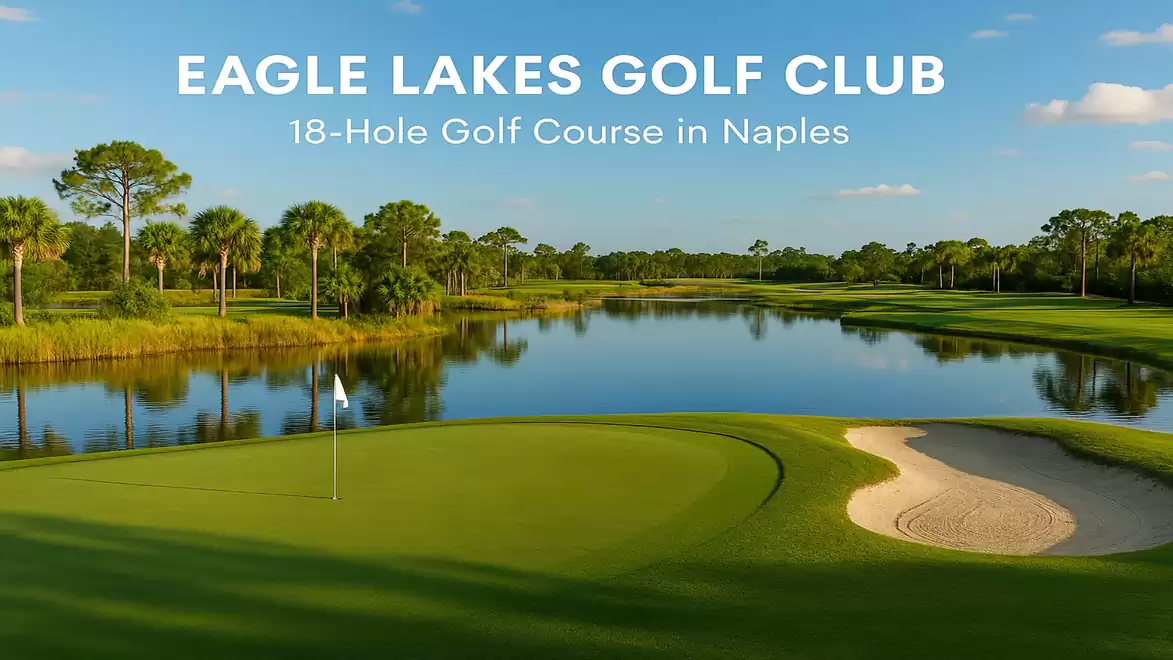 Panoramic view of a golf course with a lake in the background and a well-maintained green in the foreground. Eagle Lakes Golf Club is an 18-hole golf course in Naples, surrounded by lush nature.