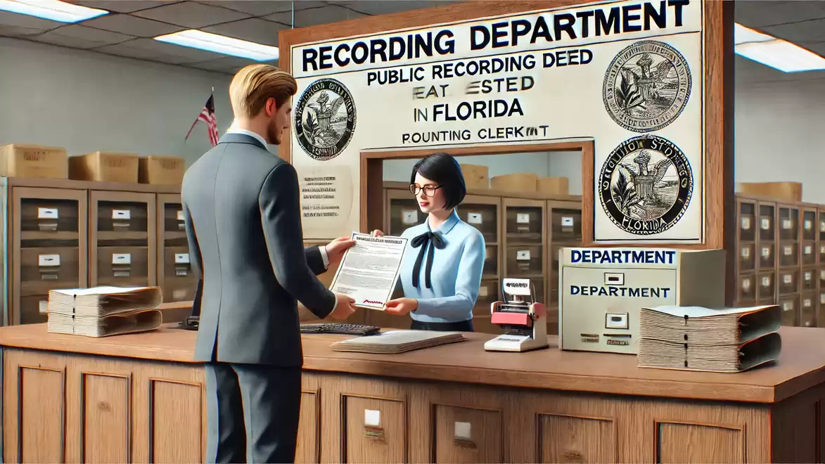 A man in a suit stands at a counter in a recording department, receiving a document from a staff member. The room is filled with filing cabinets and a sign indicates public recording in Florida.