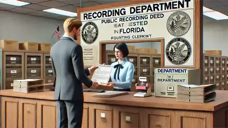 A man in a suit stands at a counter in a recording department, receiving a document from a staff member. The room is filled with filing cabinets and a sign indicates public recording in Florida.