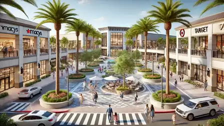 A modern shopping center with palm trees, a central plaza, and stores like Macy's and Target.