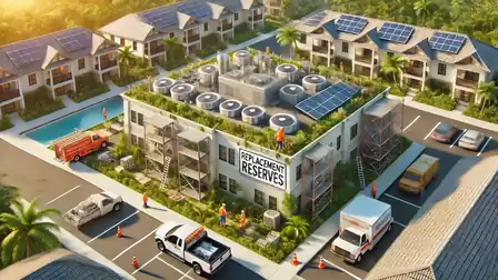 A central residential building with a green roof and solar panels, surrounded by several two-story buildings with solar panels. Construction vehicles are visible in the area.