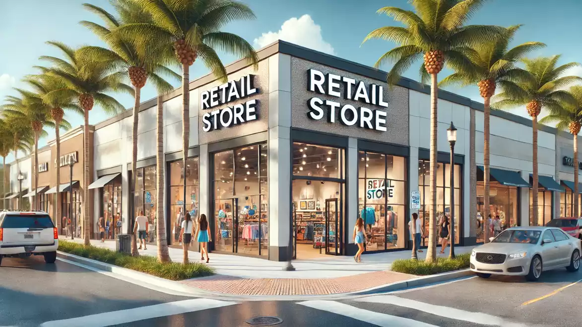 Shopping center with palm trees and people shopping, modern retail store at a sunny street corner.