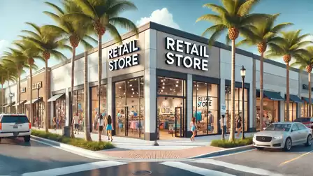 Shopping center with palm trees and people shopping, modern retail store at a sunny street corner.