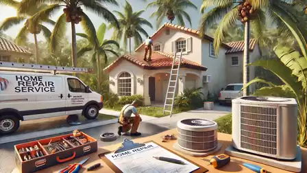 A home repair service in front of a suburban house with palm trees. Workers are on the roof, and tools and materials are visible in the foreground.