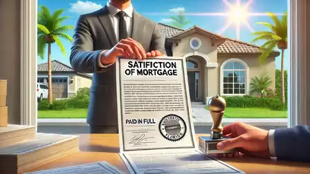 Contract signing in front of a house with a document confirming mortgage satisfaction.