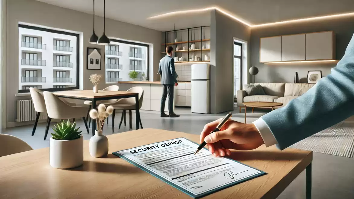 A stylish, modern living room with open windows and a person looking into the kitchen. In the foreground, someone is signing a document.