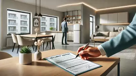 A stylish, modern living room with open windows and a person looking into the kitchen. In the foreground, someone is signing a document.