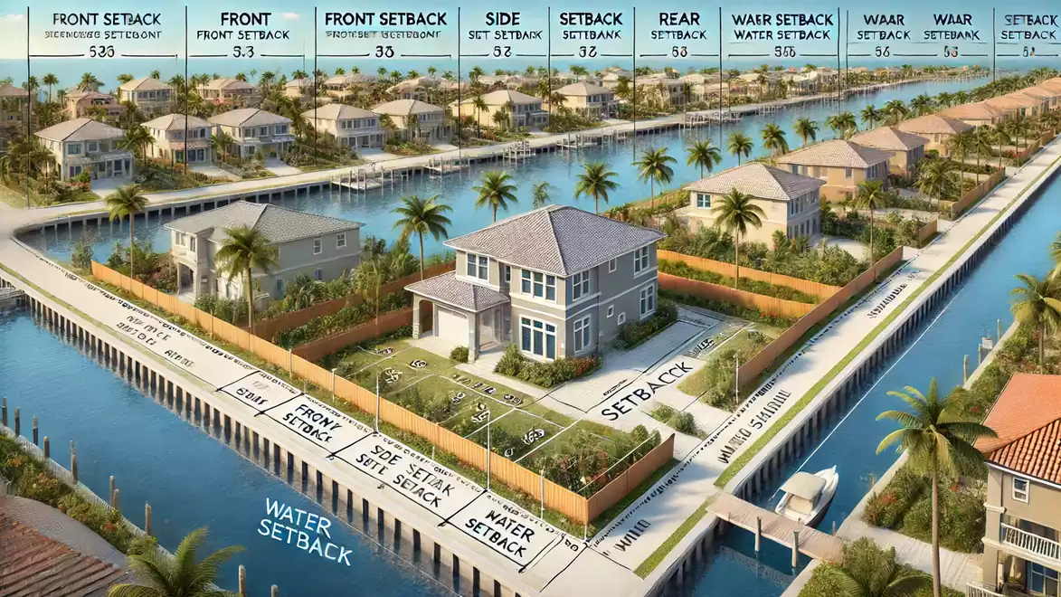 Aerial view of a modern residential area with water canals, palm trees, and uniform houses. Emphasis on layout and setback areas.