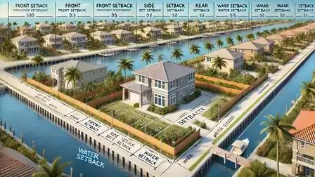 Aerial view of a modern residential area with water canals, palm trees, and uniform houses. Emphasis on layout and setback areas.