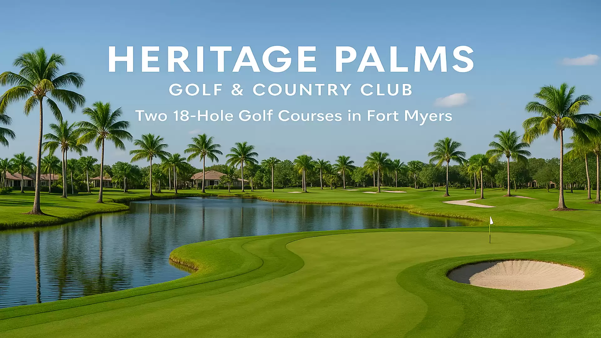Image of the Heritage Palms Golf & Country Club with a golf course surrounded by palm trees and a small lake in the foreground.