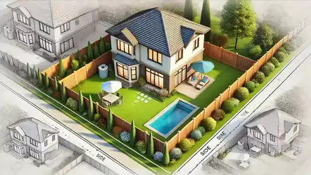3D rendering of a modern house with garden, pool, and patio. Surrounded by a wooden fence, with neighboring houses in the background.