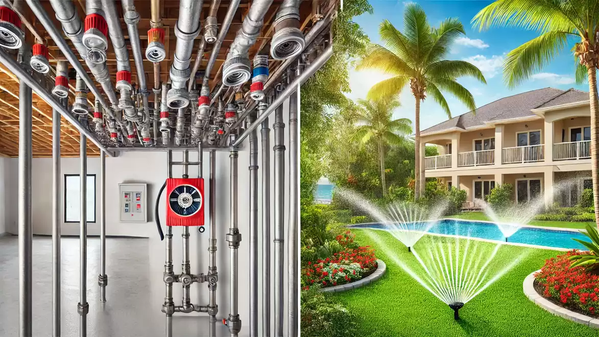 The left side of the image shows a modern piping system in an unfinished building, while the right features a green garden with sprinklers in front of a large house.