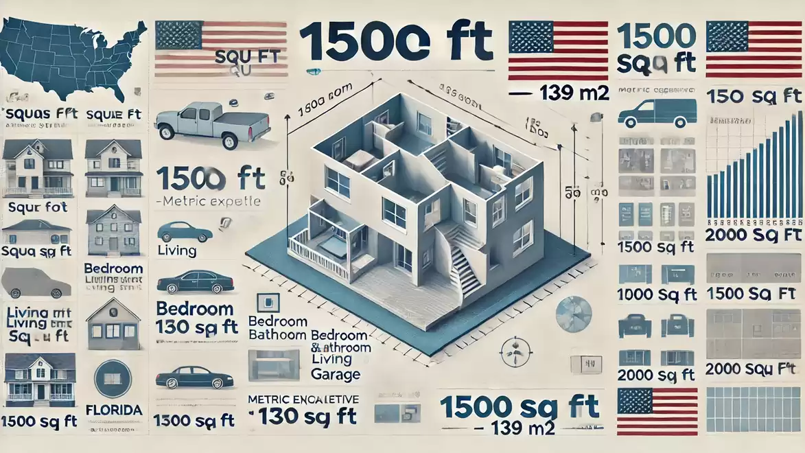 Infographic comparing American and metric area units with a 3D layout of a house and various equivalents.