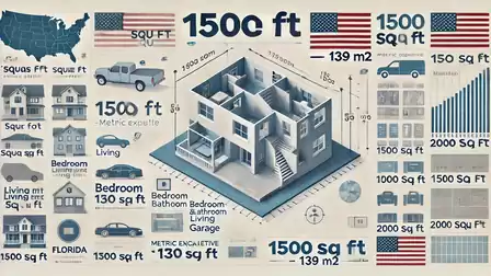 Infographic comparing American and metric area units with a 3D layout of a house and various equivalents.