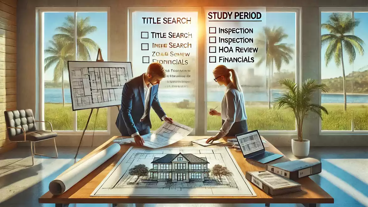 Two people reviewing architectural plans in a sunlit room with a view of palm trees. Plans and a laptop are on the table.