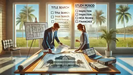 Two people reviewing architectural plans in a sunlit room with a view of palm trees. Plans and a laptop are on the table.