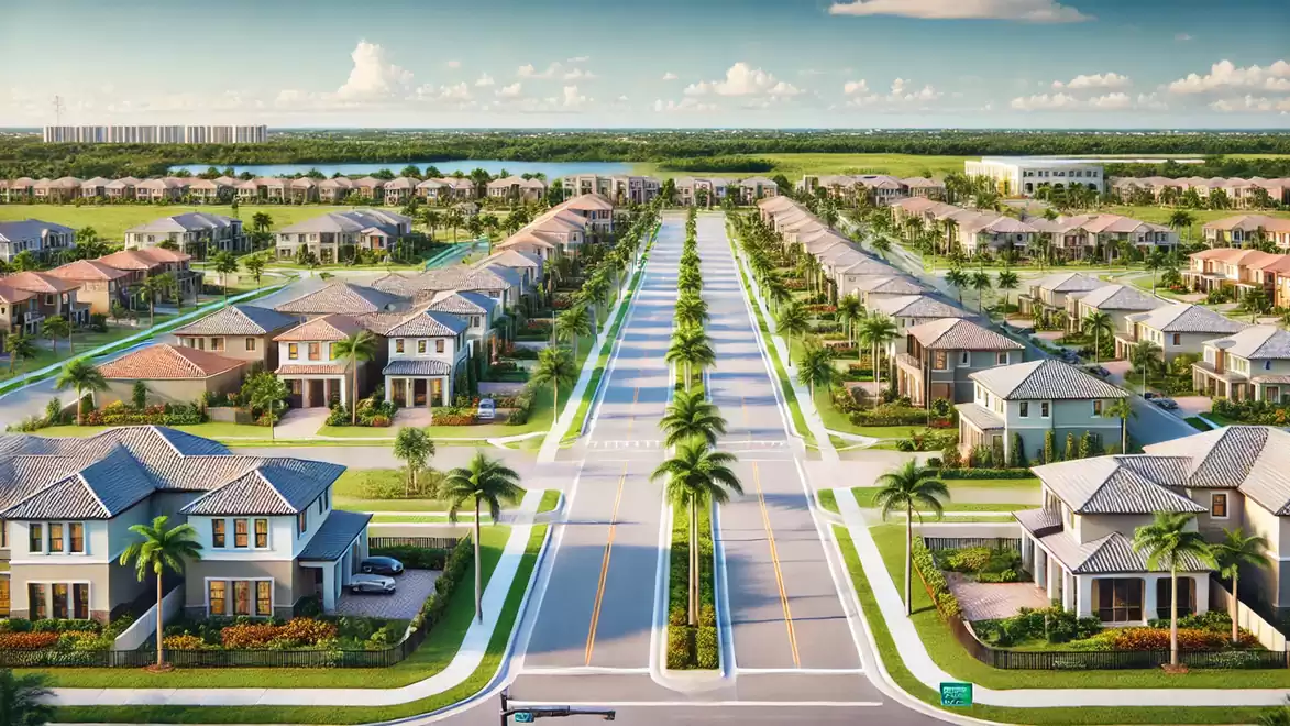 Aerial view of a modern residential neighborhood with palm-lined streets in a green landscape.