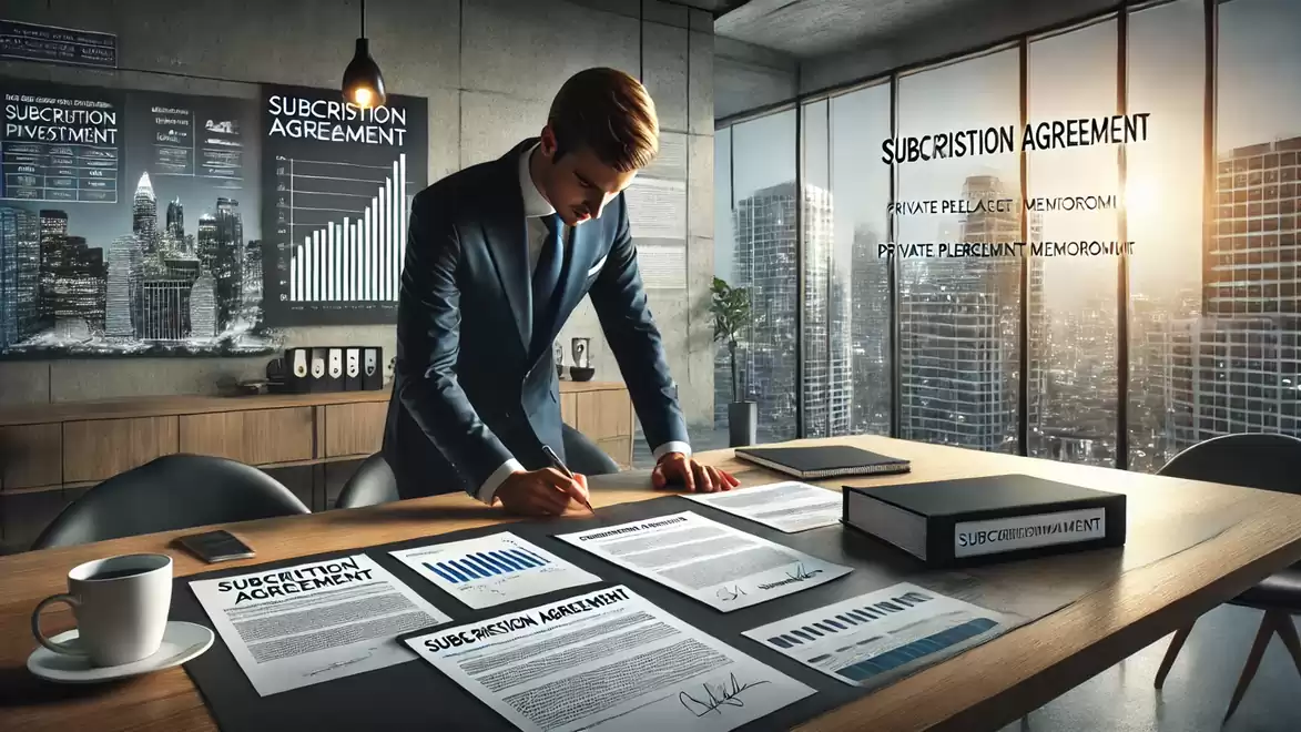 A businessman signing documents in a modern office with a city view.