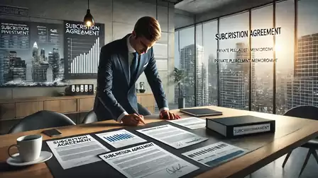 A businessman signing documents in a modern office with a city view.