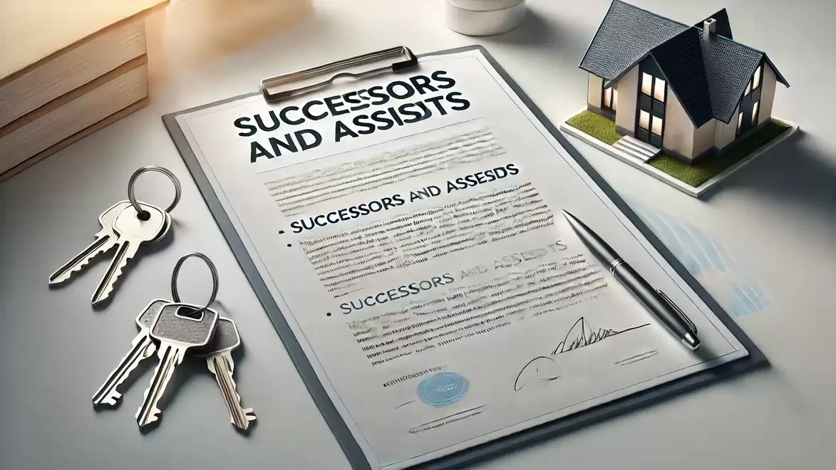 Contract paper titled 'Successors and Assists' next to a small model house and keys on a table.