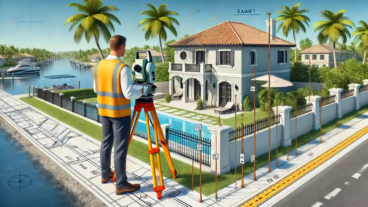 A surveyor in a safety vest uses a theodolite to measure a modern house with pool and palm trees in a luxurious waterfront area.