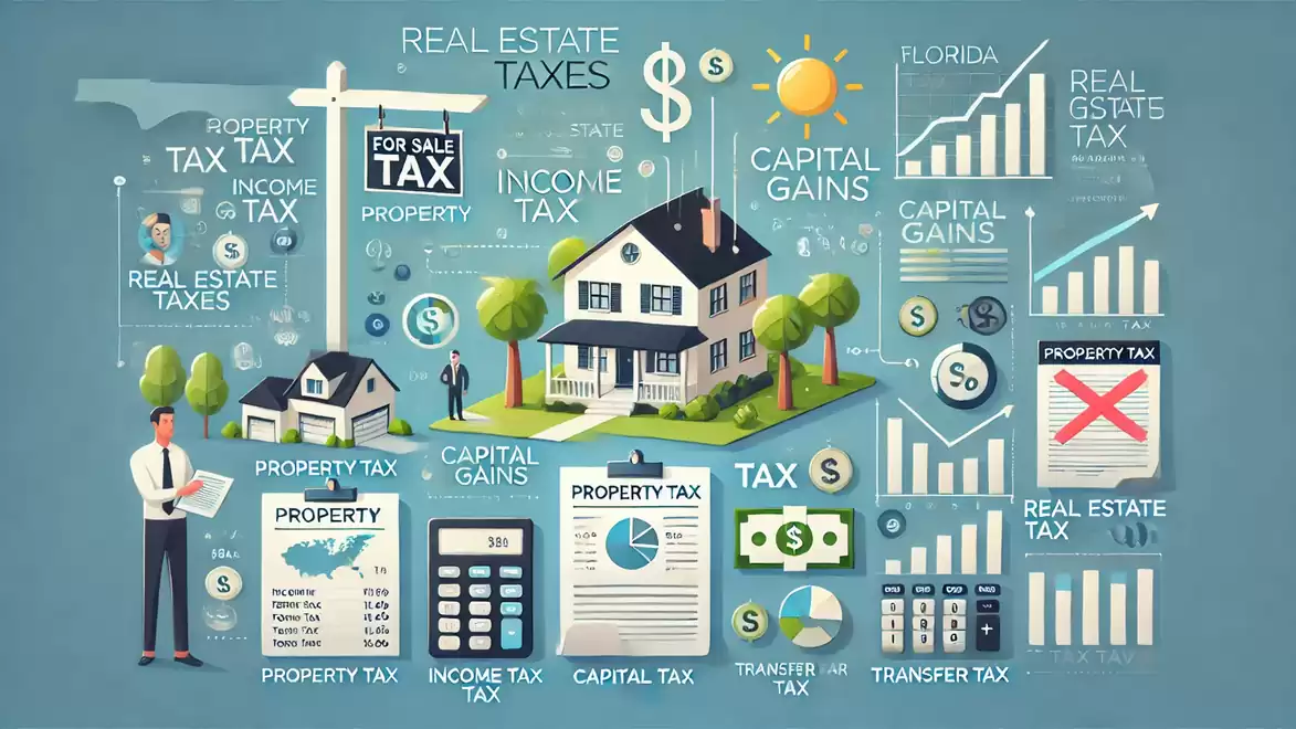 Illustration of a house with infographics on property tax and capital gains, surrounded by charts and symbols related to real estate taxation.