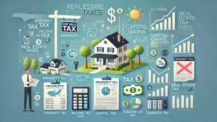 Illustration of a house with infographics on property tax and capital gains, surrounded by charts and symbols related to real estate taxation.