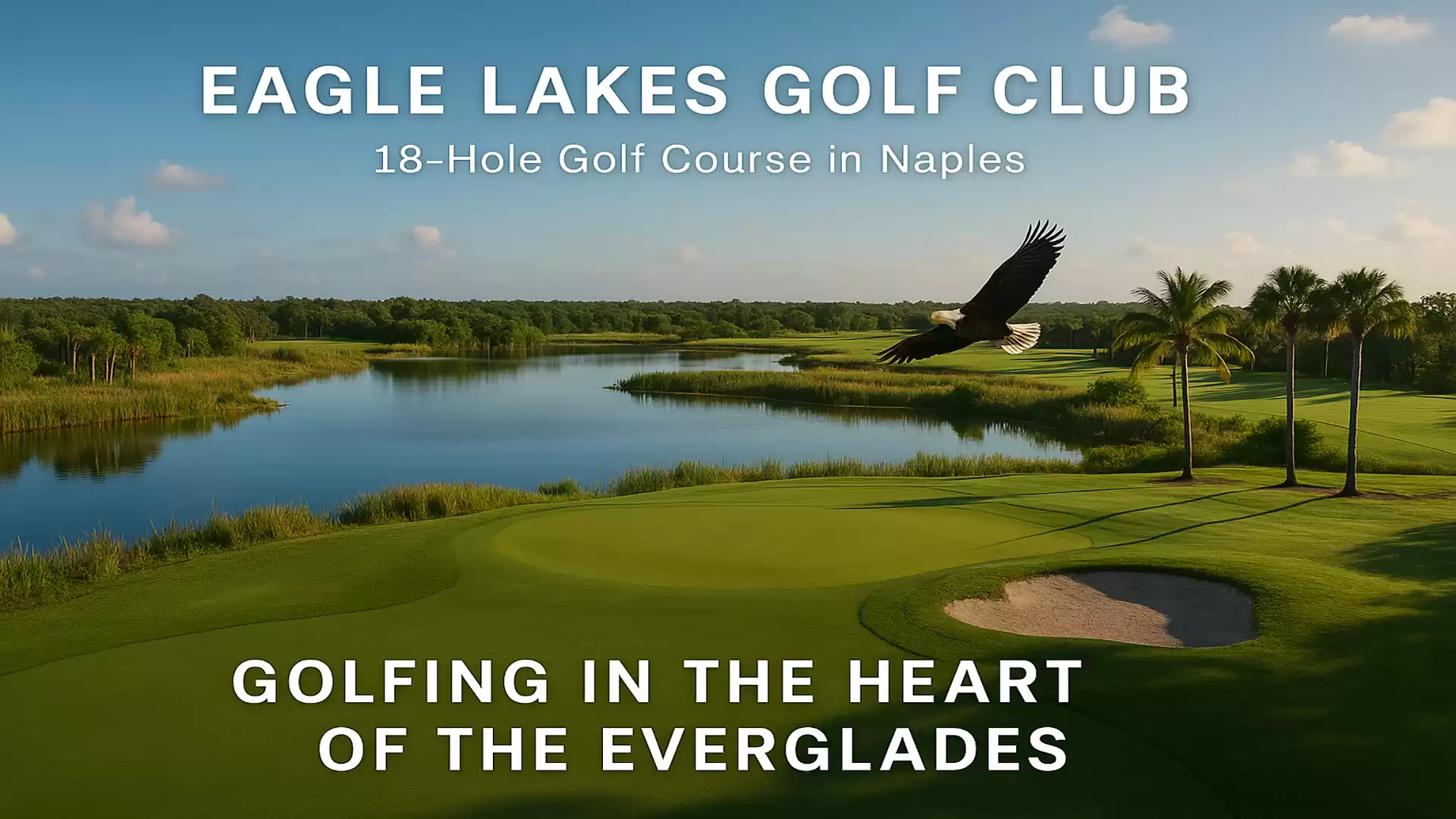 A stunning view of the Eagle Lakes Golf Club in Naples with an eagle soaring over the picturesque greens of the Everglades.