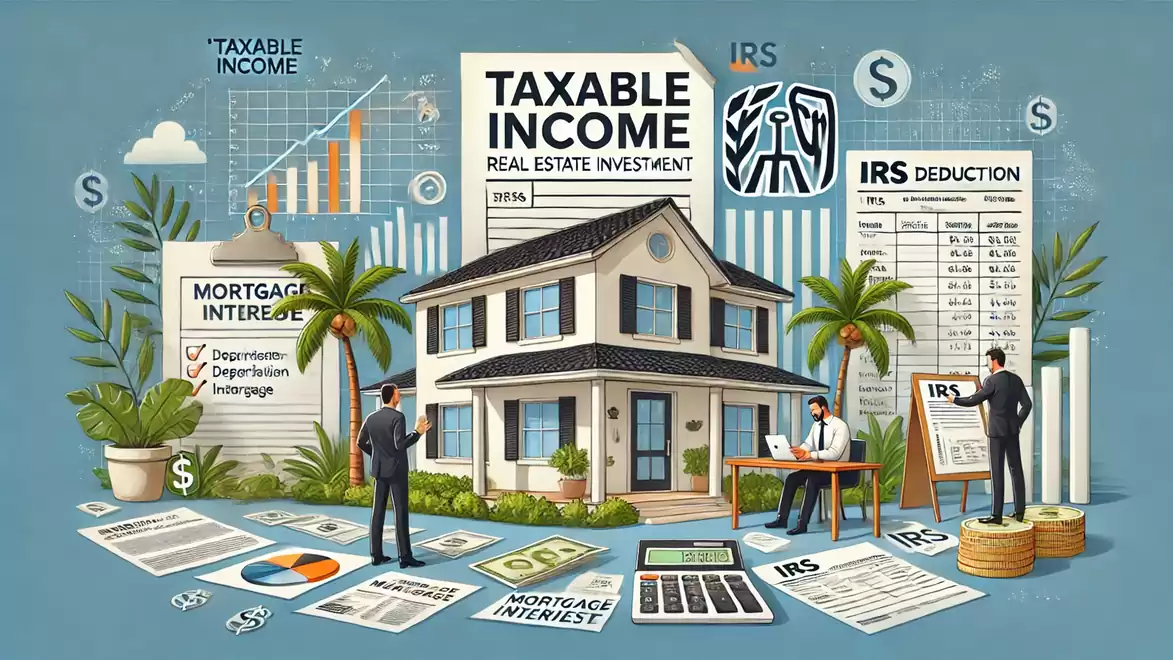 Illustration of a house with real estate tax documents and IRS forms, surrounded by financial graphs and people.