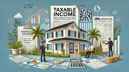 Illustration of a house with real estate tax documents and IRS forms, surrounded by financial graphs and people.