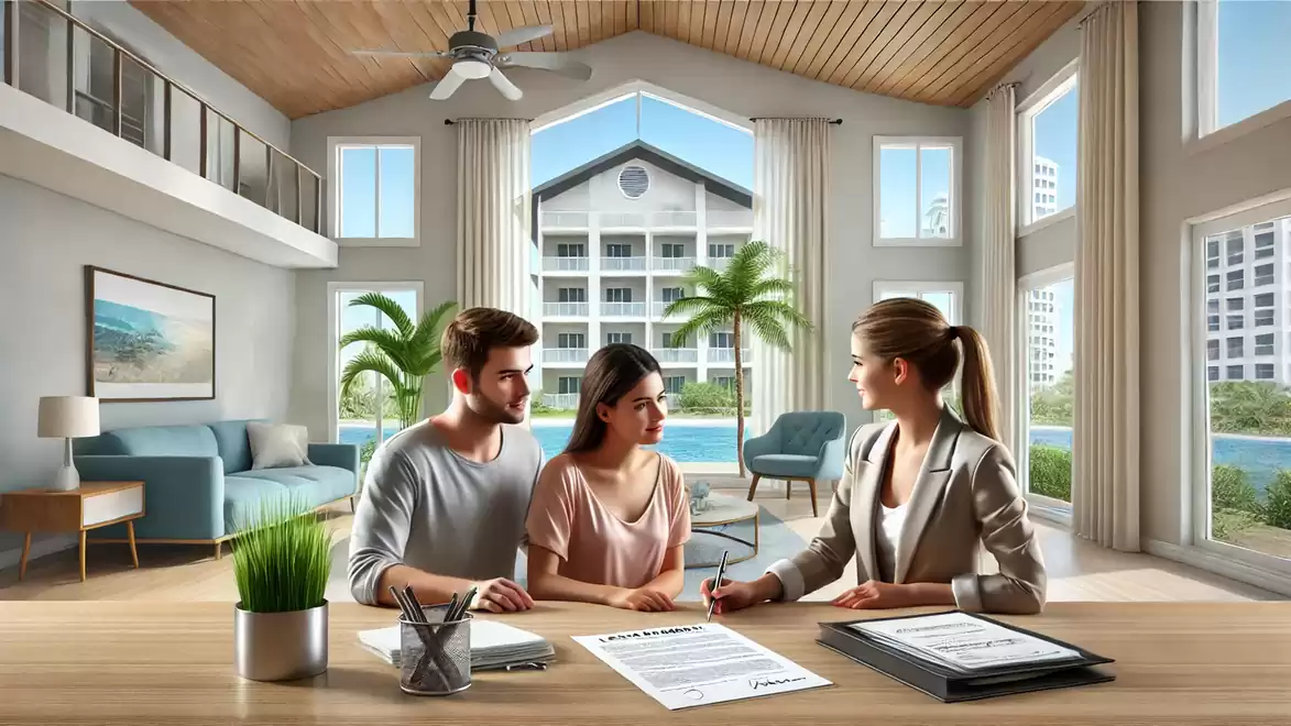 Young couple signing documents with a real estate agent in a modern living room with large windows.