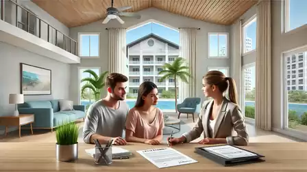 Young couple signing documents with a real estate agent in a modern living room with large windows.