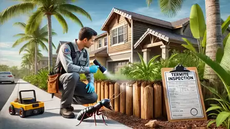 A pest control worker inspects a garden with a flashlight, while a large insect is visible in the foreground. An inspection form reads 'Termite Inspection'.