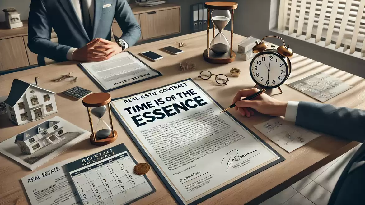A desk with a real estate contract, hourglasses, and an analog clock, highlighting urgency in business.