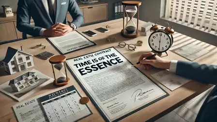 A desk with a real estate contract, hourglasses, and an analog clock, highlighting urgency in business.