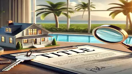 A real estate contract on a table with a model house, keys, and a magnifying glass; palm trees and the sea are visible in the background.
