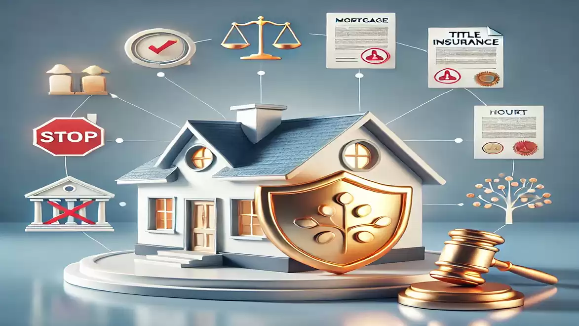 An illustration of a house with symbols of justice and financial documents like mortgages and insurance policies. A gavel and shield symbolize legal protection.