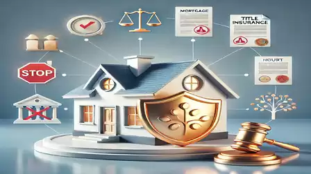 An illustration of a house with symbols of justice and financial documents like mortgages and insurance policies. A gavel and shield symbolize legal protection.