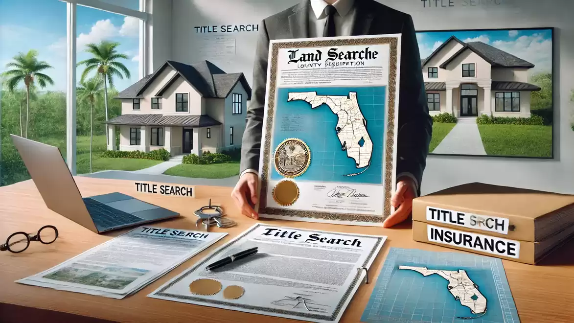 A businessman holds a land certificate in an office. On the desk are documents related to title search and insurance, with a house visible in the background.
