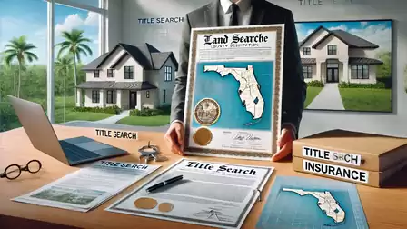 A businessman holds a land certificate in an office. On the desk are documents related to title search and insurance, with a house visible in the background.