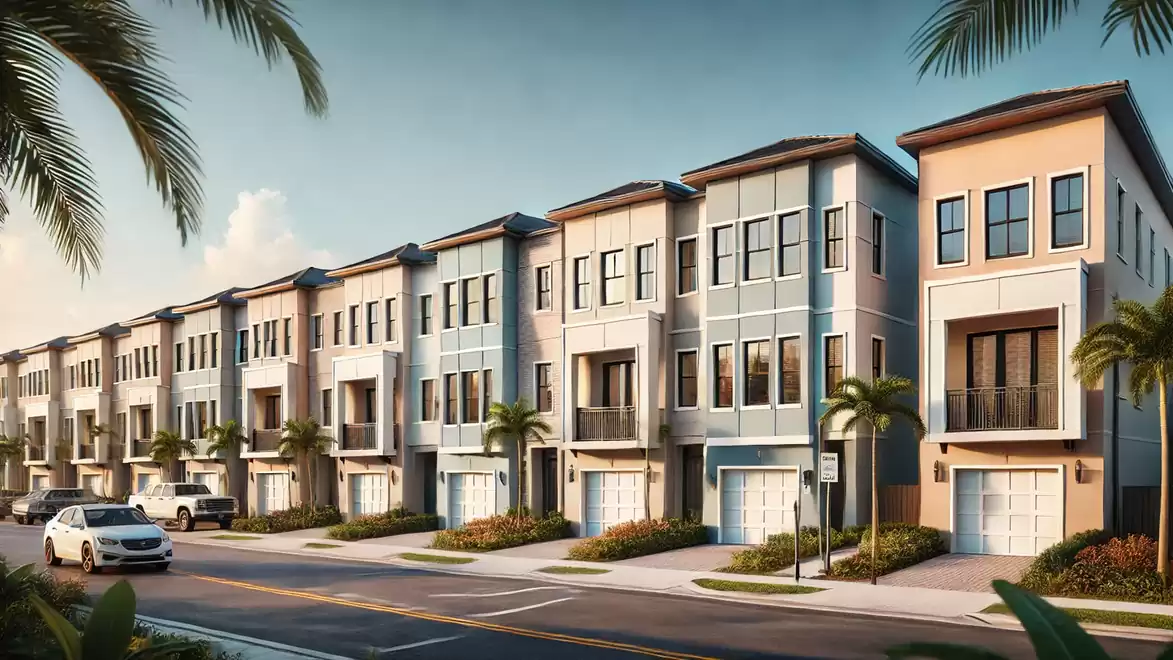 Modern townhouses on a sunny street with palm trees.