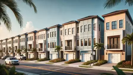 Modern townhouses on a sunny street with palm trees.