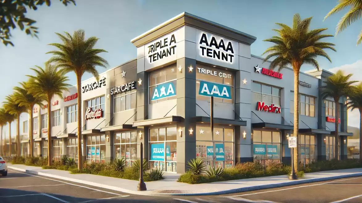 Modern shopping center along a palm-lined street, featuring several shops and blue signs.