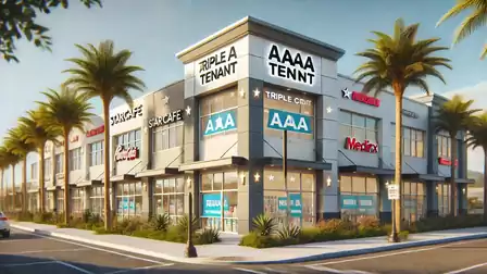Modern shopping center along a palm-lined street, featuring several shops and blue signs.