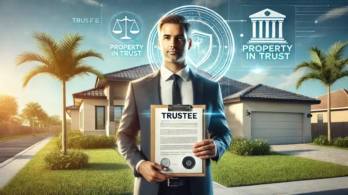 A businessman holding a document stands in front of a modern house with trust symbols graphics in the background.