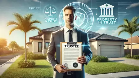 A businessman holding a document stands in front of a modern house with trust symbols graphics in the background.