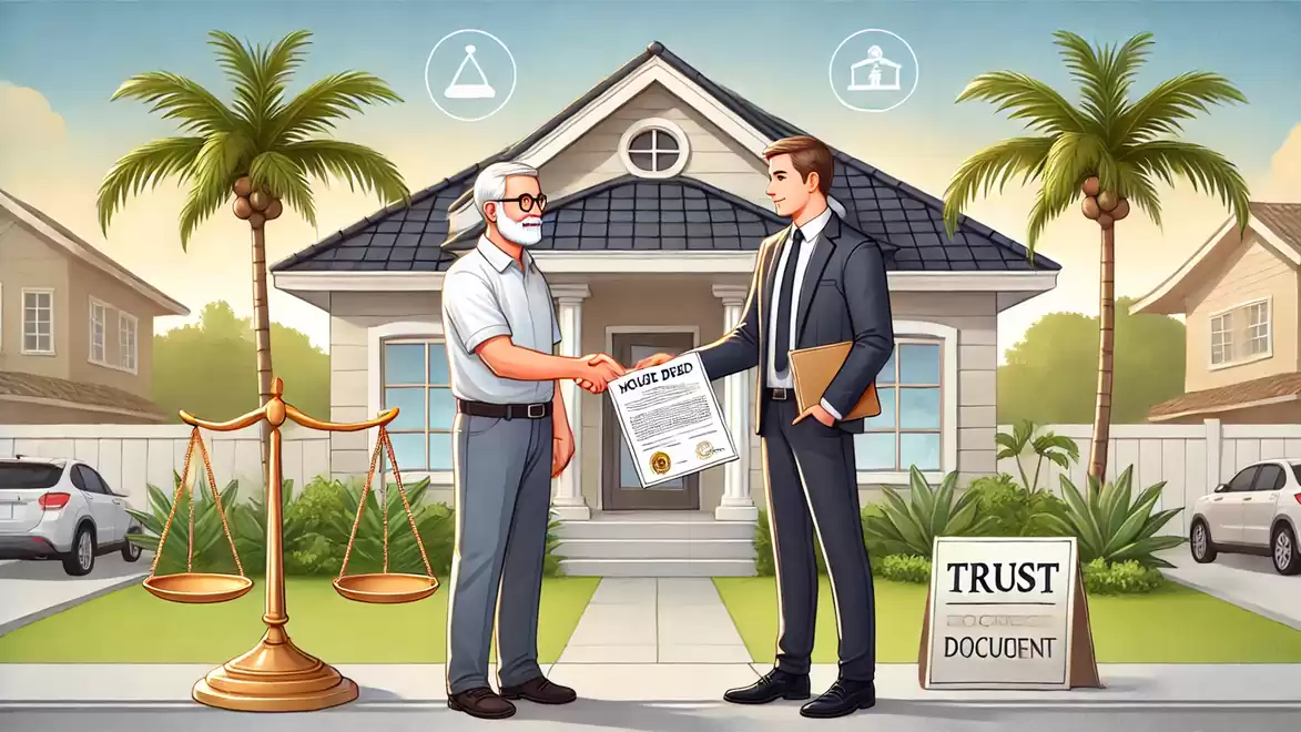 An older man and a younger businessman stand in front of a house, with the older man holding a document titled 'House Sale'. A scale is in the foreground, indicating fairness and balance in real estate transactions.