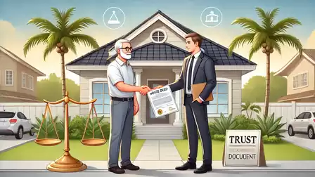 An older man and a younger businessman stand in front of a house, with the older man holding a document titled 'House Sale'. A scale is in the foreground, indicating fairness and balance in real estate transactions.