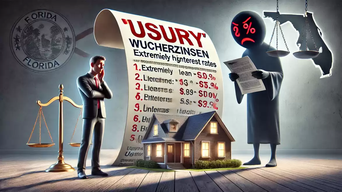 Cartoon about usury in Florida featuring a scale, a house, and a shadowy figure with a percent sign on a document.