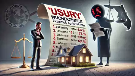 Cartoon about usury in Florida featuring a scale, a house, and a shadowy figure with a percent sign on a document.